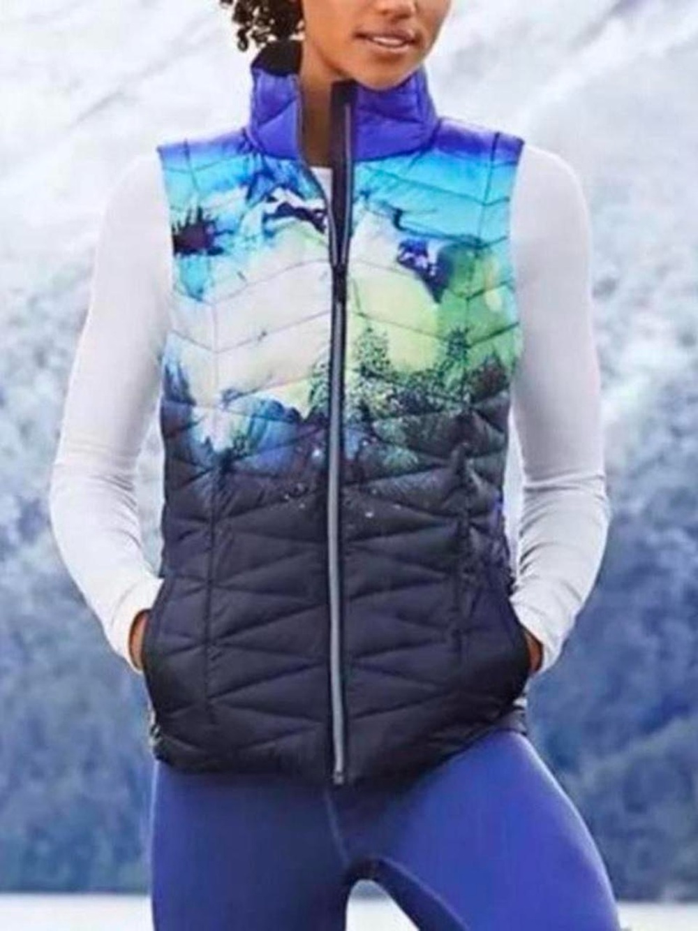 Athleta Gradient Mountain Print Quilted Puffer Vest in Blue, Teal & Black